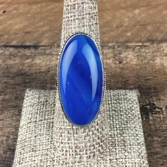 Blue Botswana Agate Stone Silver Overlay Ring Size 7.75 - Picture 2 of 12